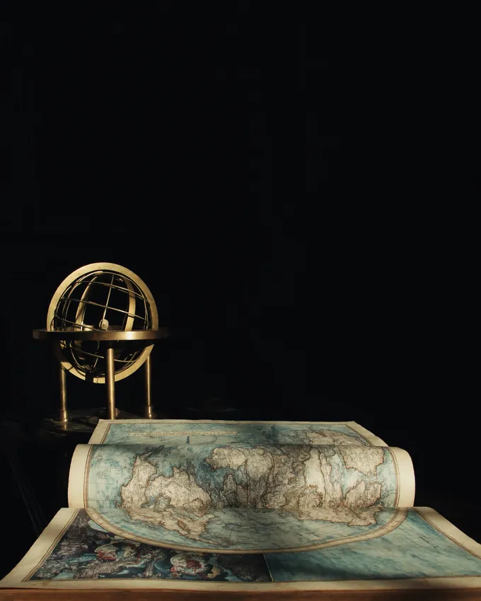 Open world atlas beside a brass armillary sphere in lamplight