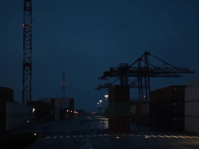 Container terminal at dusk with gantry cranes against a navy sky